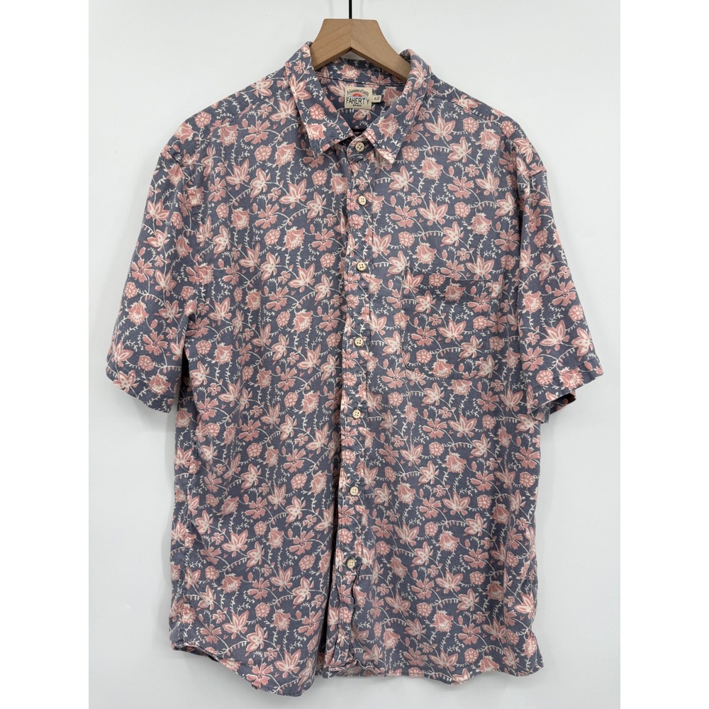 Faherty Shirt Mens XL Blue Pink Floral Hemp Tencel Short Sleeve Tropical Button